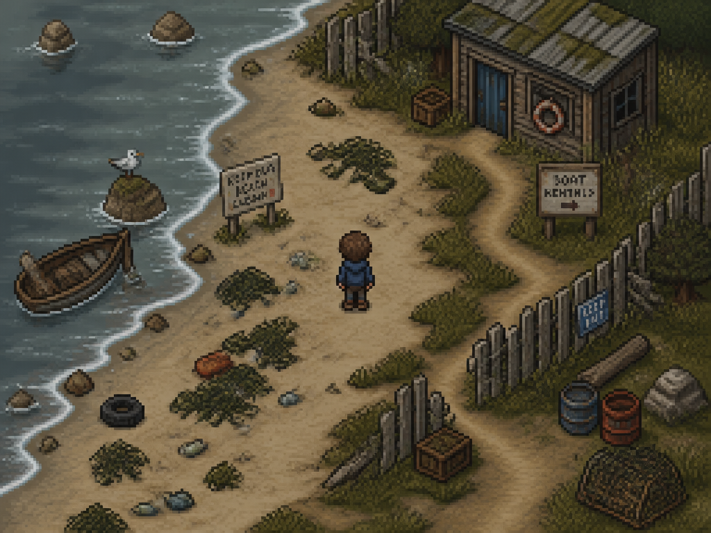 Pixel-art beach covered in litter and seaweed under a grey sky