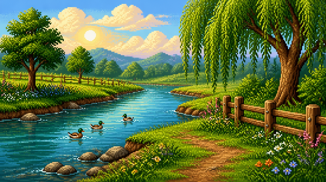 The same pixel-art river running clear with planted banks