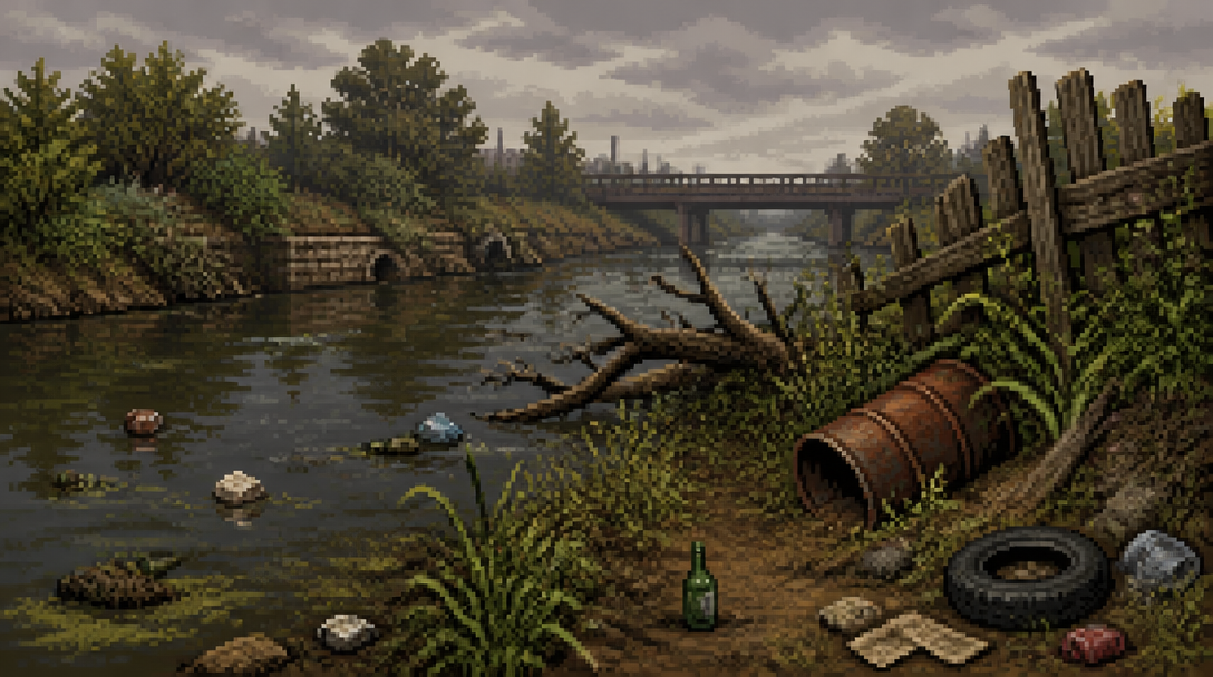 Pixel-art river choked with rubbish before restoration