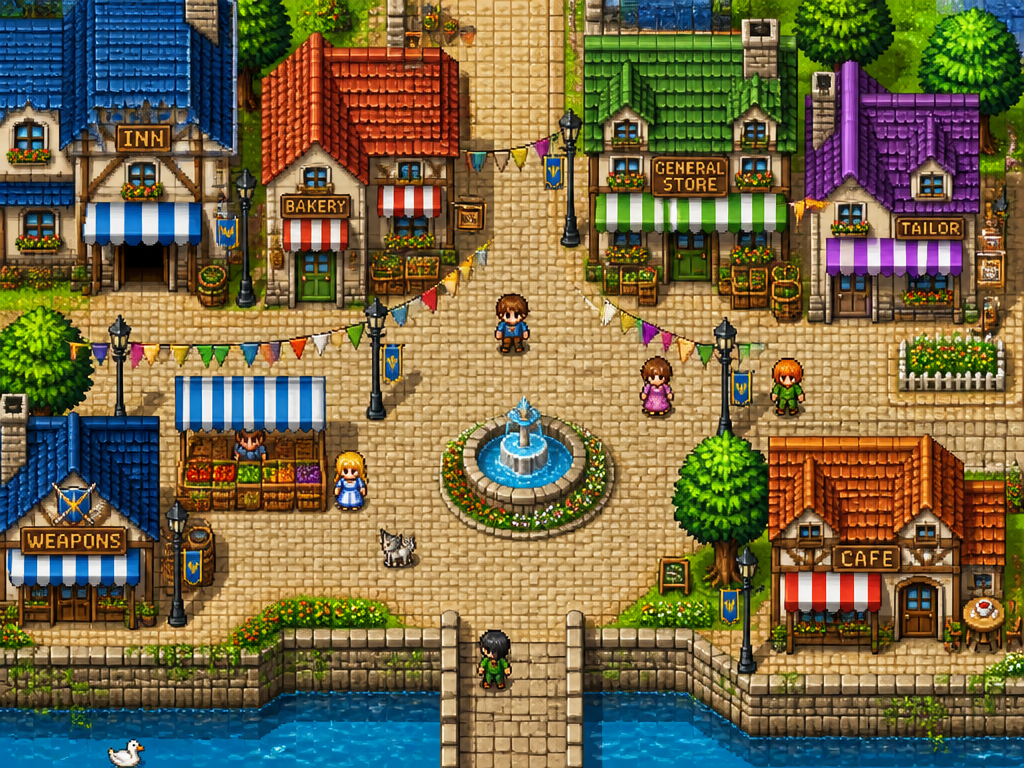 The same pixel-art town street restored with awnings, flowers and a fountain
