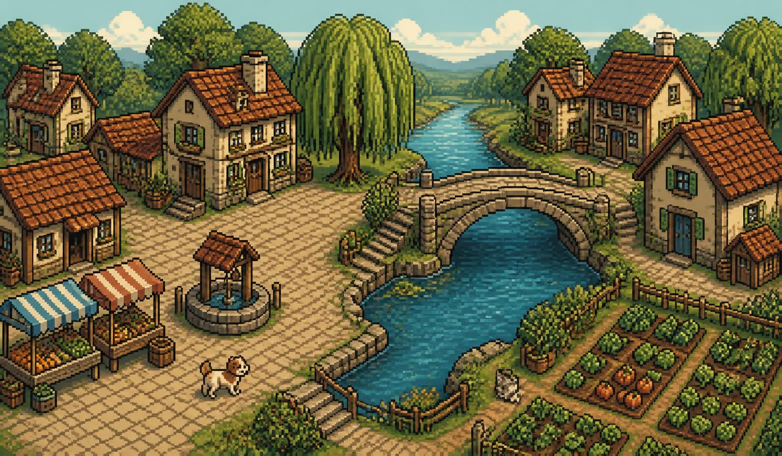Willowmere from above: cottages, market stalls, a stone bridge and a clean river